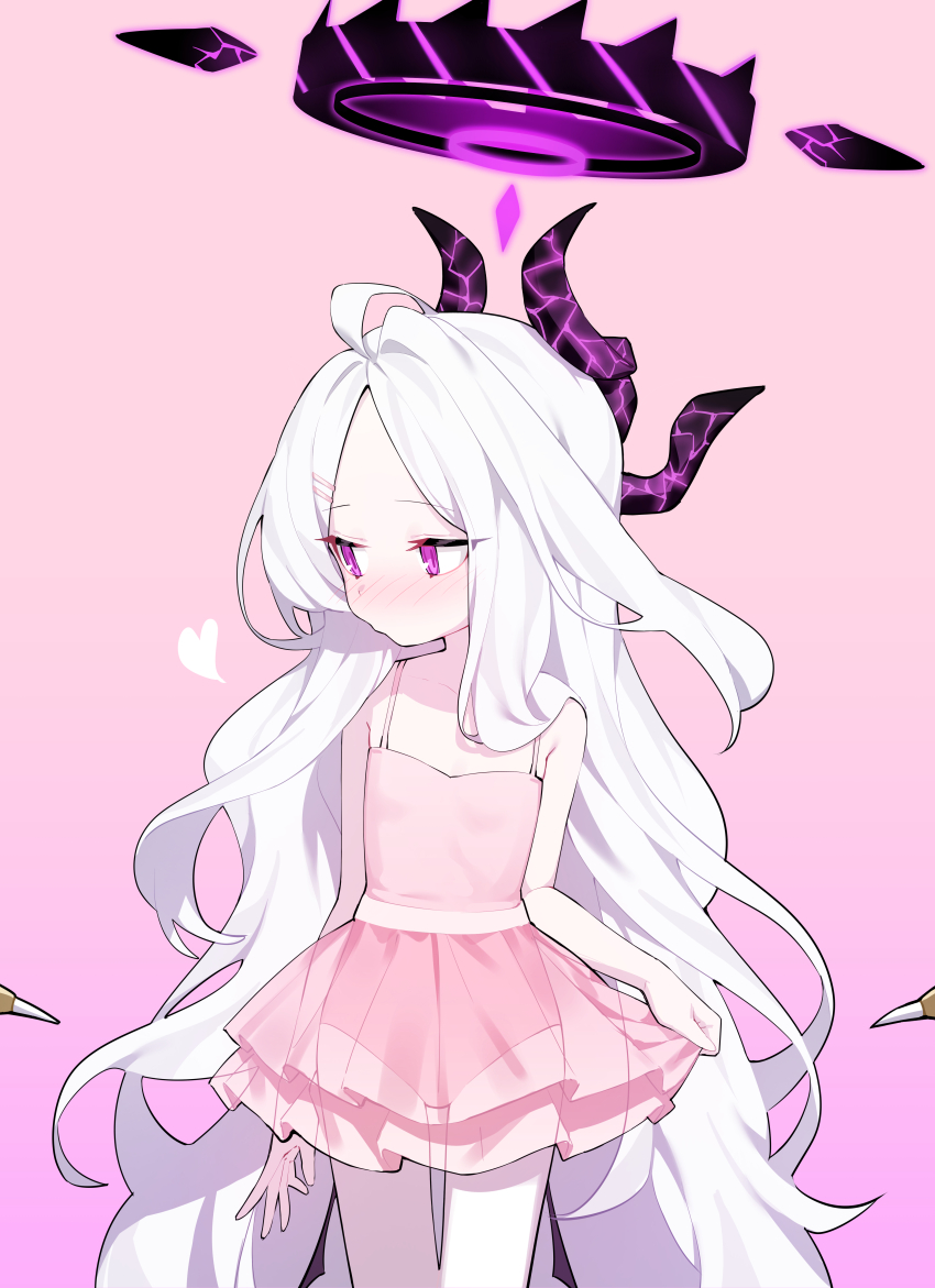 1girl absurdres averting_eyes blue_archive blush demon_horns demon_wings dress flat_chest gradient_background grey_hair halo heart highres hina_(blue_archive) honi_(honi1010) horns long_hair low_wings multiple_horns nose_blush parted_bangs pink_dress see-through_clothes see-through_dress simple_background skirt_hold solo tutu very_long_hair wings