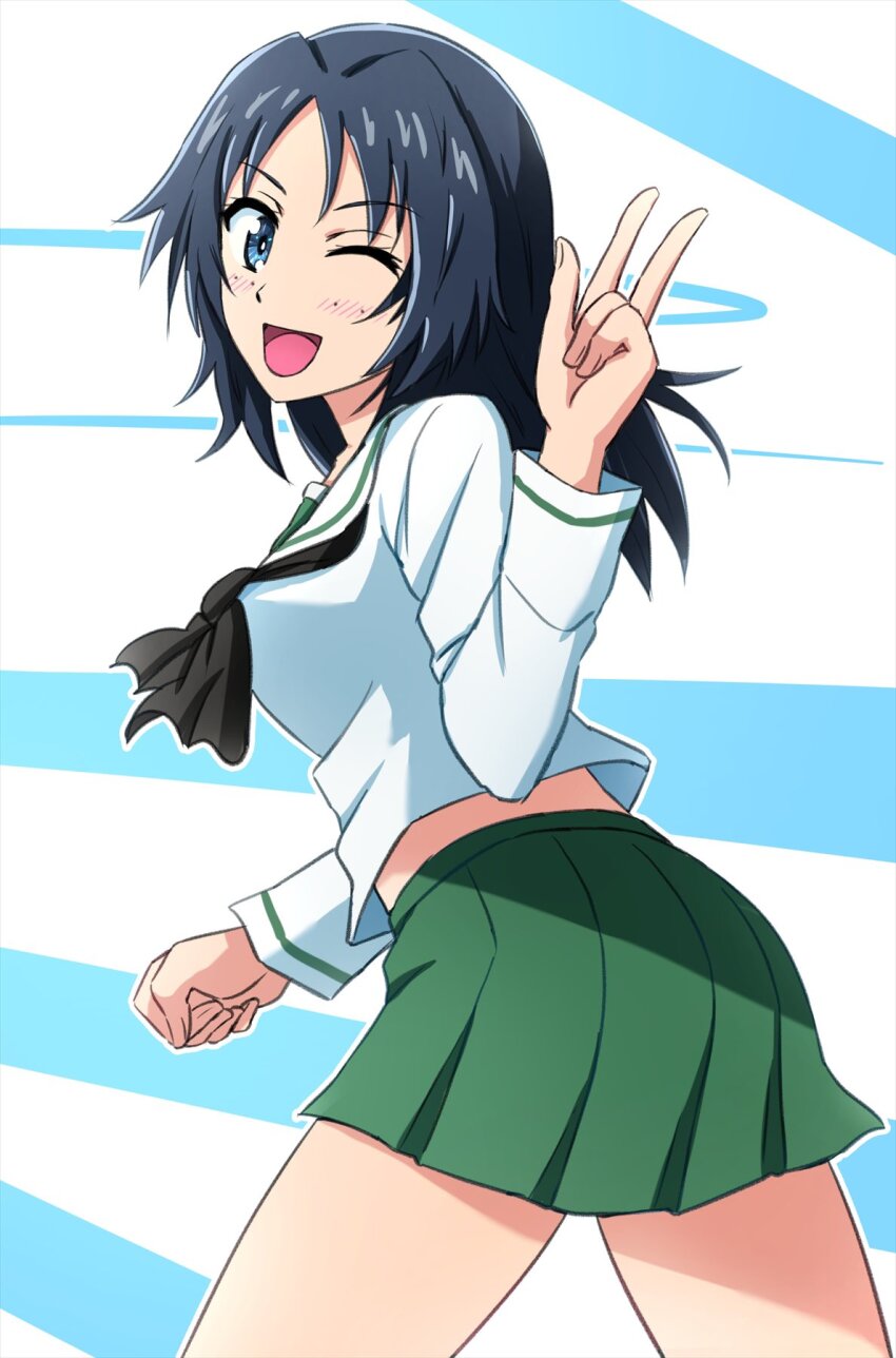 1girl black_neckerchief blue_eyes girls_und_panzer highres long_hair neckerchief omachi_(slabco) one_eye_closed ooarai_school_uniform school_uniform smile solo yamagou_ayumi