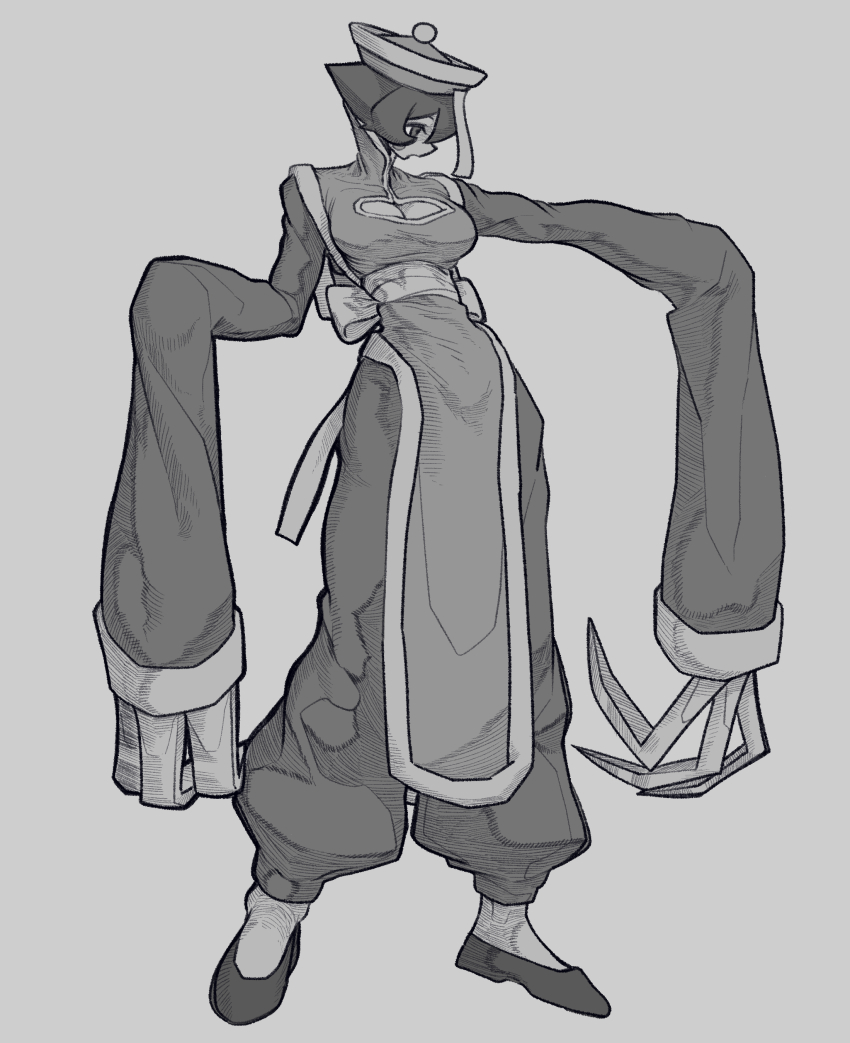 1girl absurdres bone_nigi breasts chinese_clothes claws cleavage cleavage_cutout clothing_cutout darkstalkers full_body hat highres hsien-ko jiangshi large_breasts looking_to_the_side ofuda profile qingdai_guanmao shoes short_hair solo
