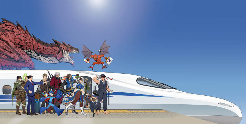 1girl 6+boys ace_attorney armor backpack bag beat_(mega_man) black_hair blue_background blue_suit brown_hair capcom cat chinese_clothes chun-li company_connection crossover dante_(devil_may_cry) date_masamune_(sengoku_basara) demon devil_may_cry_(series) devil_may_cry_1 dog dragon energy_tank eyepatch fangs felyne firebrand formal_clothes gloves grey_hair hat headband high-speed_train highres leon_s._kennedy makaimura mega_man_(character) mega_man_(classic) mega_man_(series) monster_hunter_(character) monster_hunter_(series) multiple_boys multiple_unit_train official_art pantyhose phoenix_wright pointing promotional_art rathalos red_headband resident_evil resident_evil_4 ryu_(street_fighter) sengoku_basara smile street_fighter suit suitcase sword sword_on_back train train_conductor weapon weapon_on_back white_gloves wings zombie zombie_dog