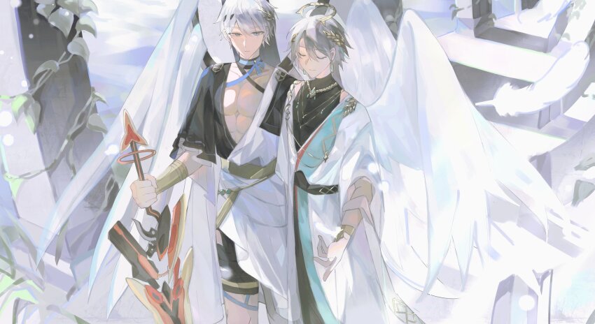 2boys angel_wings blue_eyes bracelet chinese_commentary closed_eyes coat commentary_request earrings falling_feathers feathers gold_bracelet grey_hair halo highres holding holding_sword holding_weapon honkai_(series) honkai_impact_3rd jewelry kevin_kaslana laurel_crown long_hair male_focus multiple_boys short_hair stone_pillar su_(honkai_impact) sword toga toned toned_male weapon white_coat white_hair wings wngmomo16