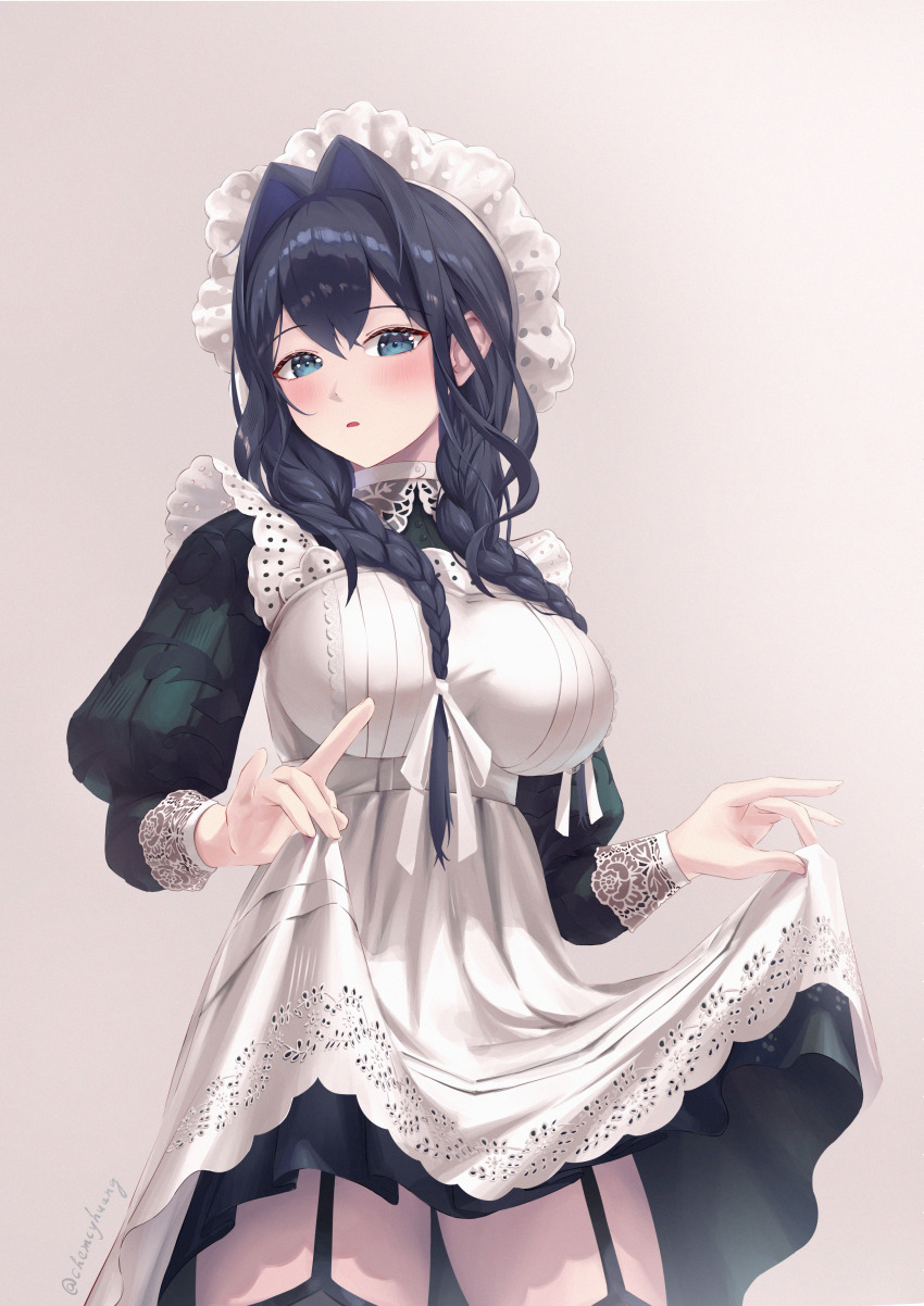 1girl absurdres apron black_dress blue_eyes blue_hair blush braid breasts chia-yu_huang clothes_lift commentary double-parted_bangs double_fox_shadow_puppet dress embroidery fox_shadow_puppet garter_straps hair_intakes hair_ribbon hat highres hololive hololive_english juliet_sleeves lace_trim large_breasts long_dress long_hair long_sleeves low_twin_braids maid maid_apron mob_cap official_alternate_costume official_alternate_hairstyle ouro_kronii ouro_kronii_(maid) parted_lips puffy_sleeves puritan_collar ribbon shy signature simple_background skirt skirt_lift thigh_peek thighs twin_braids victorian virtual_youtuber white_apron