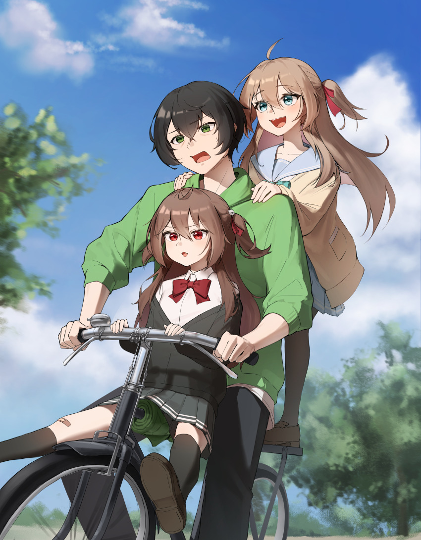 1boy 2girls :d absurdres ahoge aqua_bow aqua_bowtie bandaid bandaid_on_knee bandaid_on_leg bicycle black_cardigan black_hair black_pants black_socks blue_eyes blue_sailor_collar blue_skirt bow bowtie brown_hair cardigan chestnut_mouth cloud cloudy_sky collared_shirt commentary evil_neuro-sama fang father_and_daughter furrowed_brow green_eyes green_hoodie grey_skirt hair_between_eyes hair_ornament hair_ribbon hands_on_another&#039;s_shoulders highres hood hood_down hoodie indie_virtual_youtuber kneehighs lavidi loafers long_hair long_sleeves multiple_girls neuro-sama off_shoulder open_mouth outdoors outstretched_legs pants pleated_skirt pocket raised_eyebrows red_bow red_bowtie red_eyes red_ribbon ribbon riding riding_bicycle sailor_collar shirt shoes short_hair skin_fang skirt skull_hair_ornament sky small_sweatdrop smile socks symbol-only_commentary tree two_side_up vedal987 vedal_ai virtual_youtuber white_shirt yellow_cardigan