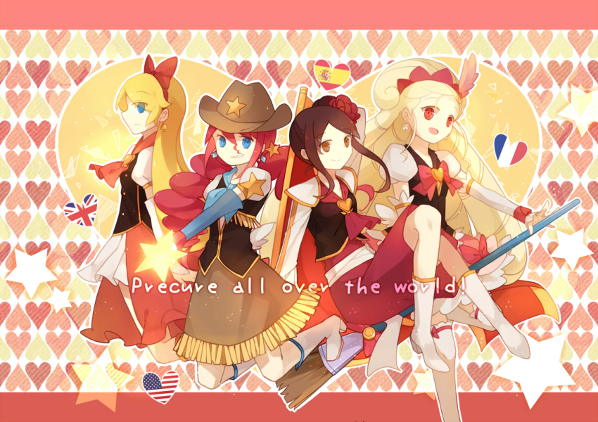 10s 4girls american_flag arm_warmers blonde_hair blue_eyes boots bow brooch brown_eyes brown_hair brown_skirt cowboy_hat cure_art cure_continental earrings flower french_flag fringe_trim hair_bow hair_flower hair_ornament happinesscharge_precure! hat heart heart_background heart_brooch hiragi_rin jewelry knee_boots long_hair magical_girl md5_mismatch multiple_girls pink_bow pink_skirt precure profile red_eyes red_hair red_haired_cure_(bomber_girls_precure)_(happinesscharge_precure!) red_skirt resolution_mismatch ringlets short_hair skirt smile source_smaller spanish_flag star_(symbol) thighhighs twintails union_jack unknown_brown-haired_cure_(happinesscharge_precure!) white_footwear white_legwear white_skirt