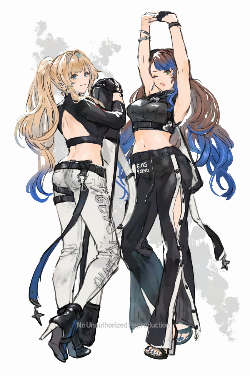 2girls absurdres back_cutout beatrix_(granblue_fantasy) black_gloves black_pants black_shirt blonde_hair blue_eyes blue_hair bracelet brown_hair clothing_cutout copyright_name crop_top earrings gloves granblue_fantasy granblue_fantasy_versus:_rising green_eyes hibana_(hibana_ztlv) high_heel_sandals high_heels highres jewelry midriff multicolored_hair multiple_girls navel pants ponytail sandals shirt stretching track_pants twintails two-tone_hair white_pants zeta_(granblue_fantasy)