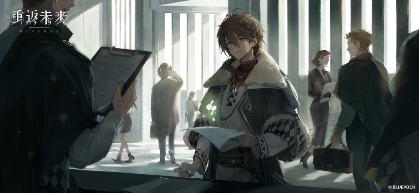 2girls 2others 3boys backlighting belt_pouch brown_hair clipboard coat copyright_name copyright_notice counter earrings grey_coat hair_between_eyes hand_up highres holding holding_clipboard holding_paper holding_pen indoors jewelry light_particles logo long_hair looking_ahead looking_at_another low_ponytail male_focus multiple_boys multiple_girls multiple_others name_day_(reverse:1999) official_art official_wallpaper open_mouth paper pen people pillar ponytail pouch purple_eyes reverse:1999 single_earring solo_focus sweater tooth_earrings upper_body white_sweater