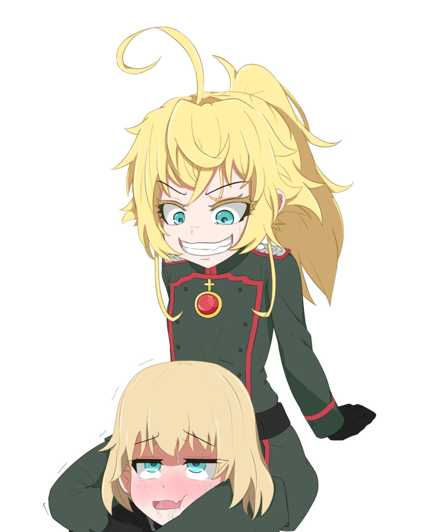 blonde_hair blue_eyes blush commentary crossover english_commentary germany girls_und_panzer head_between_thighs highres katyusha_(girls_und_panzer) kurokimoko meme military_uniform ponytail saliva short_hair soviet strangling tanya_degurechaff world_war_ii youjo_senki