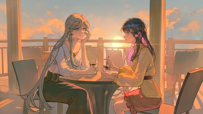 arm_on_table belt black_hair blue_eyes brown_belt chair closed_mouth coffee drink earrings frilled_skirt frills from_side game_cg hair_ornament hairclip hand_up highres holding holding_drink hoop_earrings iced_coffee iris_wen jewelry long_hair love_curse:_find_your_soulmate multicolored_hair non-web_source official_art pale_skin pink_eyes pink_hair railing selene_yan short_sidetail side_ponytail sitting skirt sky smile stirring sunset table two-tone_hair very_long_hair
