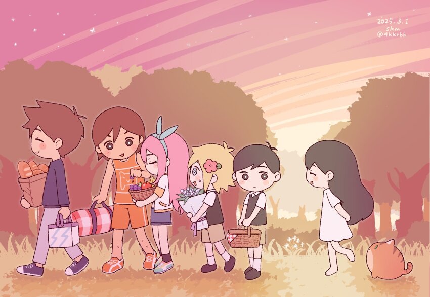 2girls 4boys 4kkrbk antenna_hair artist_name aubrey_(faraway)_(omori) aubrey_(omori) baguette barefoot basil_(faraway)_(omori) basil_(omori) black_shoes black_socks black_sweater_vest blonde_hair blue_hairband blue_shoes blue_skirt blue_sweater blush bouquet bread bright_pupils brown_eyes brown_hair brown_shorts cat chibi chibi_only closed_eyes closed_mouth dark-skinned_male dark_skin dated day denim denim_skirt dress flower food green_sweater_vest grey_pants hairband hero_(faraway)_(omori) hero_(omori) highres holding holding_bouquet holding_picnic_basket kel_(faraway)_(omori) kel_(omori) loafers long_hair looking_at_another mari_(faraway)_(omori) mari_(omori) multiple_boys multiple_girls omori open_mouth orange_shoes orange_shorts outdoors pants picnic_basket pink_hair shoes short_hair shorts skirt smile sneakers socks sunny_(omori) sweatdrop sweater sweater_vest tree white_dress white_pupils white_socks