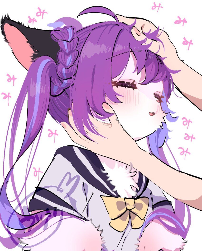 1girl 1other ahoge animal_ears blush body_fur bow bowtie cat_ears cat_girl closed_eyes furry furry_female highres original petting pikapika100star purple_hair sailor_collar school_uniform short_sleeves simple_background solo_focus twintails watermark white_background white_fur yellow_bow yellow_bowtie