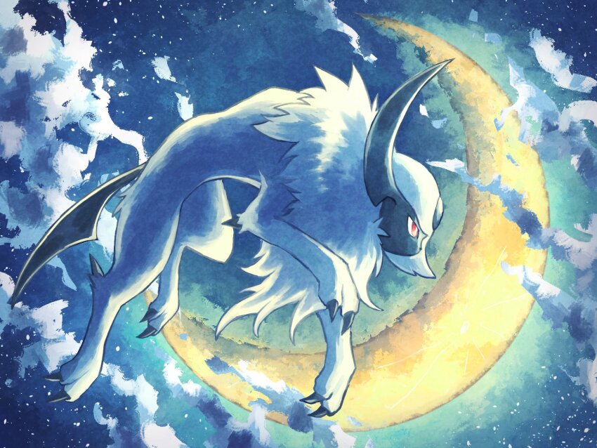 7_phi_3 absol body_fur crescent_moon gen_3_pokemon highres midair moon night nintendo no_humans pokemon pokemon_(creature) red_eyes solo white_fur