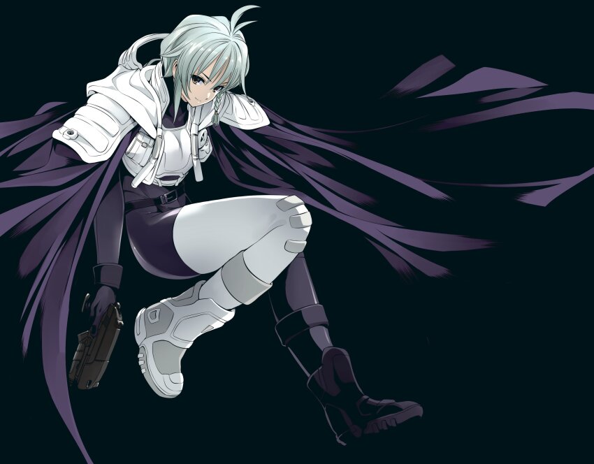 1girl absurdres antenna_hair aoi_karin armor black_bodysuit black_bow black_cape bodysuit bow cape dna^2 full_body grey_hair gun highres holding holding_gun holding_weapon kato_takuji short_hair simple_background single_thighhigh solo thighhighs weapon white_armor white_thighhighs