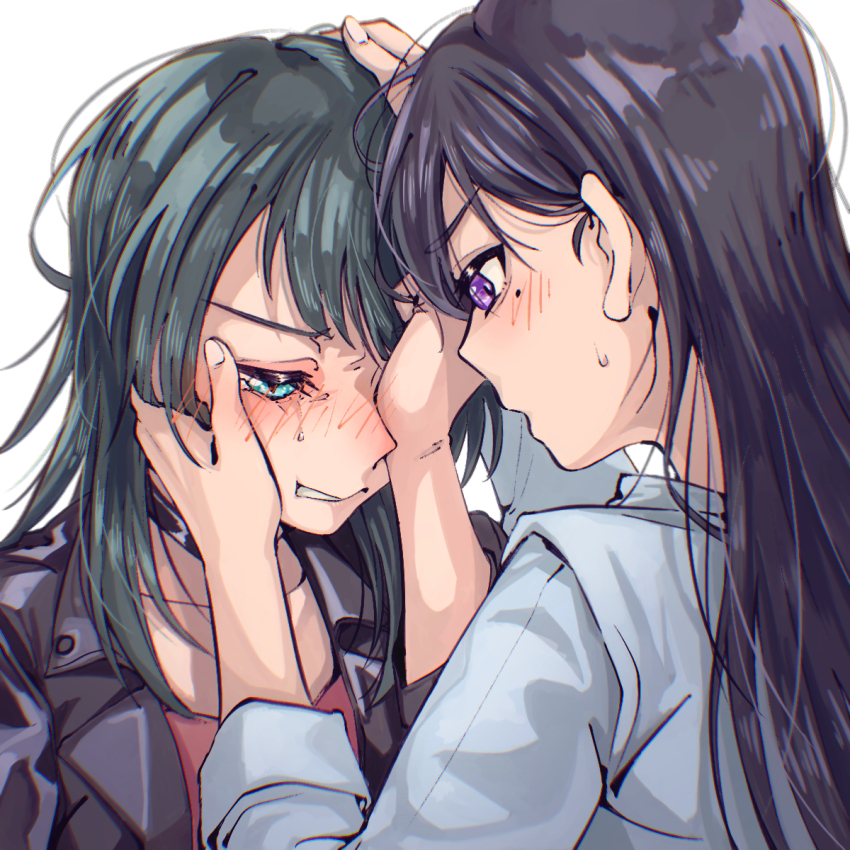 2girls bang_dream! bang_dream!_it&#039;s_mygo!!!!! black_hair black_jacket blue_eyes blush brown_hair commentary_request crying crying_with_eyes_open doki_(oox3o) hand_on_another&#039;s_face hand_on_another&#039;s_head highres jacket long_hair long_sleeves mole mole_under_eye multiple_girls parted_lips purple_eyes red_shirt rubbing_eyes shiina_taki shirt tears upper_body white_shirt yahata_umiri yuri