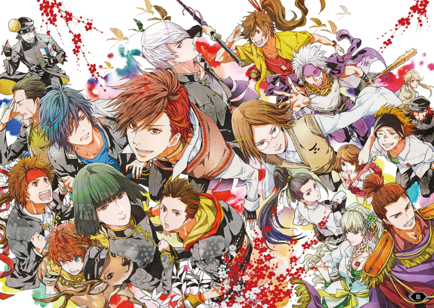 4girls 6+boys :d :o aqua_eyes artist_request ashikaga_yoshiteru_(sengoku_basara) baseball_bat black_hair black_hat black_headband blonde_hair blue_eyes blue_hair blunt_bangs blunt_ends braid brown_eyes brown_hair chain chain_necklace chousokabe_motochika_(sengoku_basara) clenched_teeth crown_braid date_masamune_(sengoku_basara) deer expressionless eyepatch facepaint facial_hair fuuma_kotarou_(sengoku_basara) gakuen_basara gakuran glasses gotou_matabei_(sengoku_basara) green_hair guest_art hat headband highres holding holding_baseball_bat holding_sword holding_weapon ii_naotora_(sengoku_basara) ishida_mitsunari_(sengoku_basara) jacket jacket_on_shoulders jewelry kasuga_(sengoku_basara) katakura_kojuurou_(sengoku_basara) katana kyougoku_maria_(sengoku_basara) long_hair looking_at_another looking_at_viewer looking_up maeda_keiji_(sengoku_basara) male_focus monkey mouri_motonari_(sengoku_basara) multicolored_hair multiple_boys multiple_girls mustache nail_(hardware) nail_bat necklace non-web_source official_art open_mouth orange_eyes oyassan_(sengoku_basara) pink_sailor_collar pleated_skirt ponytail purple_eyes purple_jacket reaching reaching_towards_another red_eyes red_hair red_headband red_skirt sailor_collar sanada_yukimura_(sengoku_basara) sarutobi_sasuke_(sengoku_basara) school_uniform sengoku_basara shibata_katsuie_(sengoku_basara) shima_sakon_(sengoku_basara) shirt short_hair short_hair_with_long_locks shouting skirt smile stitched sweatdrop sweater_vest sword teeth third-party_edit tokugawa_ieyasu_(sengoku_basara) topknot tsuruhime_(sengoku_basara) two-tone_hair undershirt weapon white_hair white_shirt wide_sleeves yamanaka_shikanosuke_(sengoku_basara) yellow_eyes yumekichi
