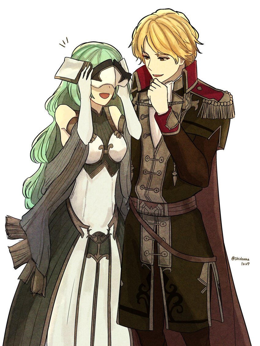 1boy 1girl :d artist_name belt blonde_hair brown_coat cape coat commentary_request couple dress elbow_gloves epaulettes fire_emblem fire_emblem_echoes:_shadows_of_valentia gloves green_hair highres long_hair mask nintendo notice_lines official_style open_mouth red_cape shidanna1227 short_hair simple_background smile standing tatiana_(fire_emblem) twitter_username white_background white_dress white_gloves zeke_(fire_emblem)
