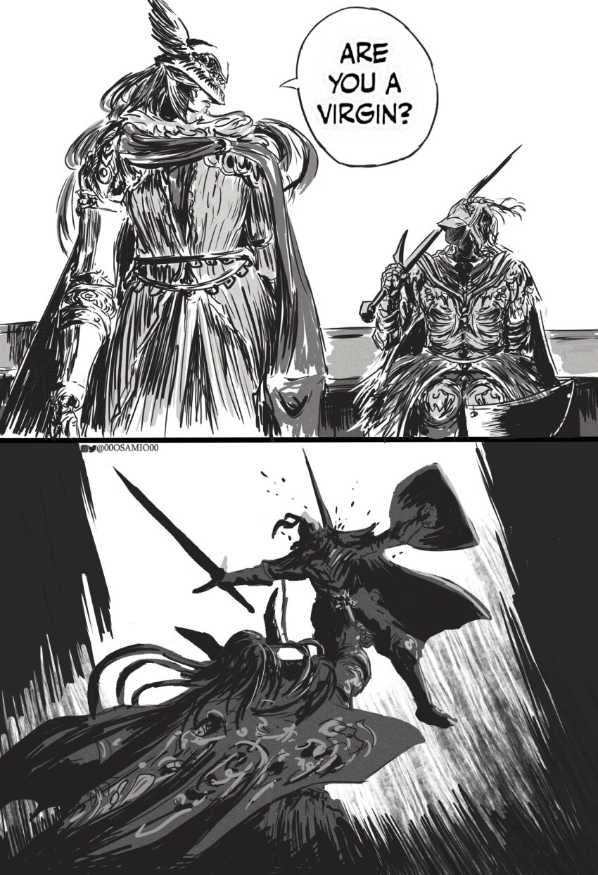 00osamio00 1boy 1girl @_(symbol) amputee armor artist_name blood blood_splatter bloody_wolf_(elden_ring) cape closed_mouth covered_eyes dress elden_ring english_text greyscale helmet helmet_over_eyes highres holding holding_shield holding_sword holding_weapon impaled instagram_logo instagram_username long_hair malenia_blade_of_miquella monochrome plume prosthesis prosthetic_arm prosthetic_leg shield simple_background speech_bubble sword tall_female tarnished_(elden_ring) triple_amputee twitter_logo twitter_username weapon white_background winged_helmet