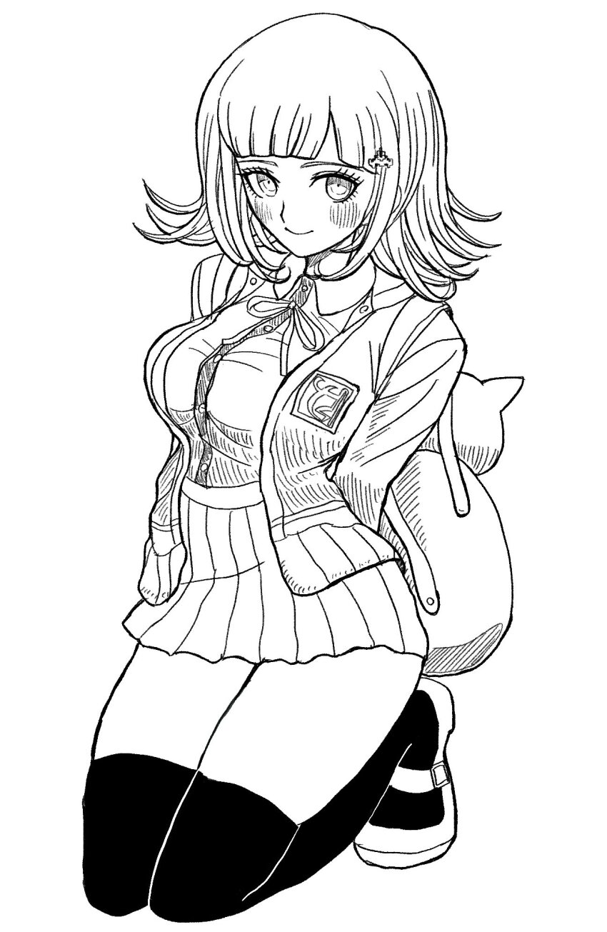 1girl animal_bag arms_behind_back backpack bag blush breasts cat_bag collared_shirt danganronpa_(series) danganronpa_2:_goodbye_despair flipped_hair greyscale highres jacket large_breasts lian_(nerineridaco) long_sleeves medium_hair miniskirt monochrome nanami_chiaki neck_ribbon open_clothes open_jacket pleated_skirt ribbon shirt shirt_tucked_in shoes skirt smile solo spaceship_hair_ornament thighhighs two-tone_shirt