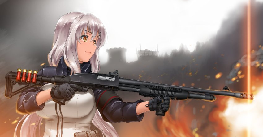 12-gauge 1girl ammunition armband black_gloves building dark-skinned_female dark_skin embers female_focus from_side girls&#039;_frontline gloves gun hair_between_eyes hair_ornament hairclip henshako highres holding holding_weapon lens_flare long_hair looking_to_the_side m590_(girls&#039;_frontline) mossberg_590 pouch pump_action revolver_speedloader shotgun shotgun_shell shotgun_speedloader sight silver_hair solo tan trigger_discipline vertical_forward_grip weapon yellow_eyes