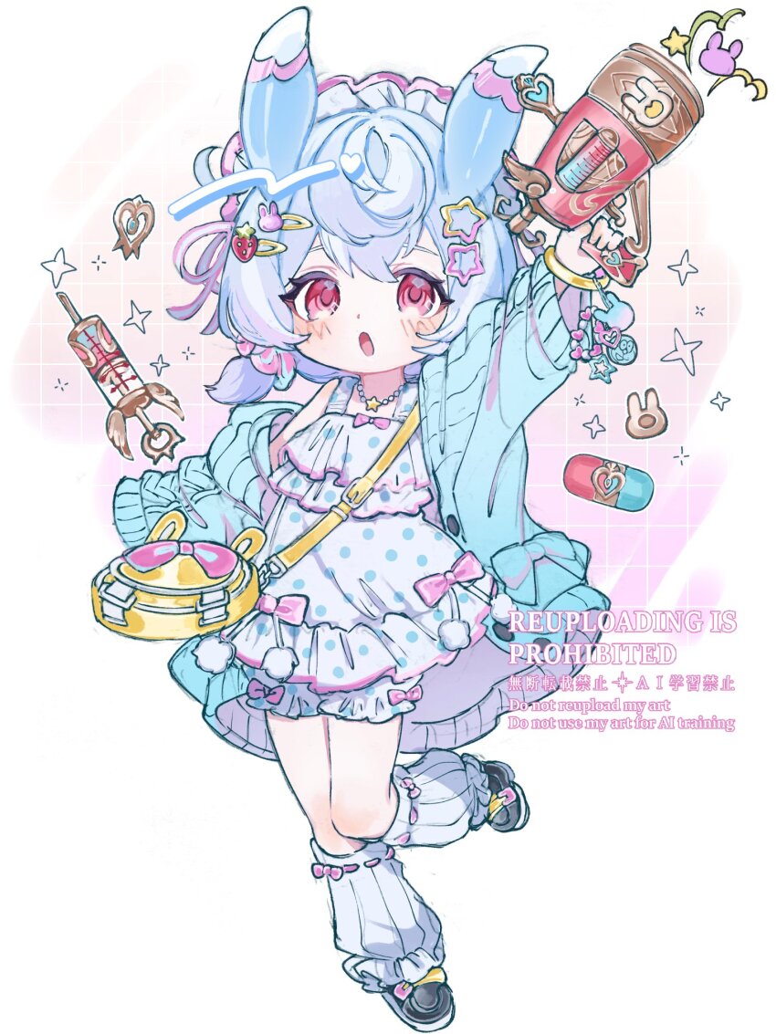 1girl :o animal_ears aqua_cardigan arm_up bag bead_necklace beads black_shoes bloomers blue_hair blush bow bracelet buttons cardigan charm_(object) commentary crossed_bangs cute_weapon dress eyelashes food-themed_hair_ornament frilled_dress frills genshin_impact gloves gun hair_between_eyes hair_ornament hair_scrunchie hairclip handgun headdress highres holding holding_gun holding_weapon jewelry kingyo_(nyankomanjyuu15) leg_up leg_warmers long_sleeves looking_at_viewer low_twintails medium_hair necklace off_shoulder open_cardigan open_clothes open_mouth pill pink_bow pink_scrunchie polka_dot polka_dot_bloomers polka_dot_dress pom_pom_(clothes) rabbit_hair_ornament red_eyes scrunchie shoes sidelocks sigewinne_(genshin_impact) sleeveless sleeveless_dress solo sparkle star_(symbol) star_hair_ornament star_necklace strawberry_hair_ornament symbol-only_commentary syringe twintails underwear watermark weapon white_background white_bloomers white_dress white_gloves white_leg_warmers yellow_bag