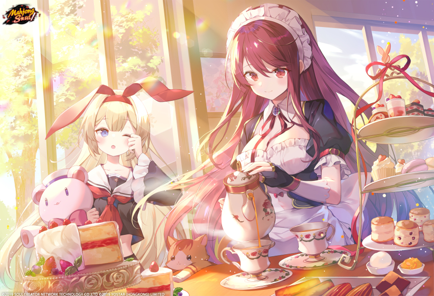 2girls animal_ears apron blonde_hair blue_eyes blush breasts cake cat company_name cookie copyright_notice cropped_shirt cup cupcake detached_collar fake_animal_ears fingerless_gloves food frills fruit gloves hair_between_eyes highres holding holding_stuffed_toy ibara_riato indoors kujou_riu light_particles long_hair macaron mahjong_soul maid maid_apron maid_headdress medium_breasts mikami_chiori multiple_girls neck_ribbon neckerchief official_art one_eye_closed open_mouth plate pouring puffy_short_sleeves puffy_sleeves red_eyes red_hair red_neckerchief red_ribbon ribbon rubbing_eyes sailor_collar school_uniform serafuku short_sleeves smile strawberry stuffed_animal stuffed_toy tea teacup teapot teddy_bear underbust very_long_hair wing_collar