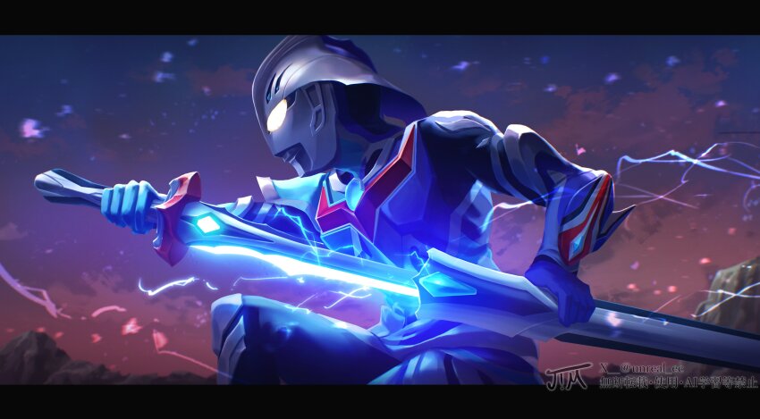 1boy absurdres alien alternate_design black_skin blue_skin cloud cloudy_sky color_timer colored_skin commentary_request dorsal_fin electricity glowing glowing_eyes highres holding holding_sheath holding_sword holding_weapon kneeling letterboxed looking_ahead male_focus mountain multicolored_skin night outdoors red_skin sheath sheathing signature silver_skin sky sword tokusatsu twitter_username ultra_series ultraman_nexus ultraman_nexus_(series) ultraman_nexus_junis_blue unreal_es vambraces weapon yellow_eyes