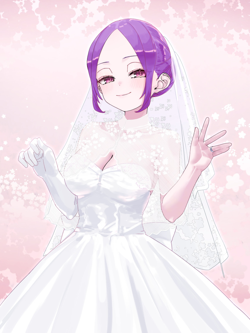 1girl absurdres bare_arms bare_shoulders blush breasts bridal_veil bride capelet detached_sleeves dress elbow_gloves fate/grand_order fate_(series) forehead full_body gloves highres jewelry large_breasts looking_at_viewer niwaikanai no_bra outstretched_hand parted_bangs pink_background purple_eyes purple_hair ring simple_background skirt smile solo spread_fingers strapless strapless_dress veil wedding_dress wedding_ring white_dress white_gloves wu_zetian_(fate)
