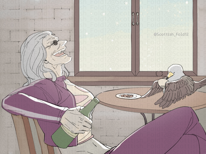1girl bird bottle crop_top cropped_jacket crossed_legs dr._kureha highres holding holding_bottle jacket laughing long_hair one_piece profile purple_jacket scottish_fold12 sitting smile sunglasses twitter_username white_hair