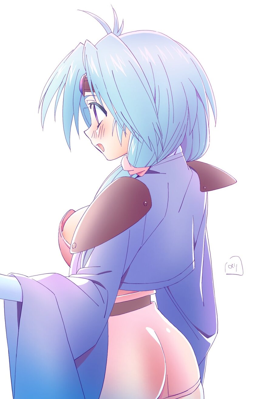 1girl ass blue_hair blush breasts circlet dress haou_taikei_ryuu_knight highres long_hair medium_breasts nori_(norimakigumo) open_mouth paffy_pafuricia purple_eyes simple_background skirt smile solo twintails white_background