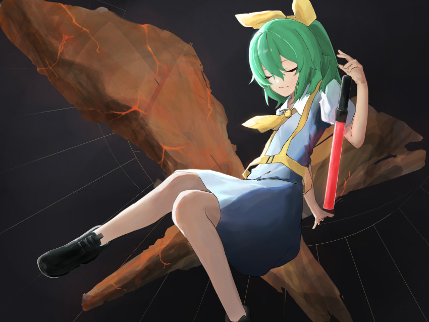 1girl ascot black_background black_shoes blue_skirt blue_vest bow closed_eyes closed_mouth collared_shirt commentary cookie_(touhou) daiyousei diyusi_(cookie) foot_out_of_frame green_hair hair_bow high-visibility_clothing high-visibility_vest high_ponytail highres medium_hair ponytail rock shirt shoes skirt skirt_set smile solo touhou traffic_baton vest white_shirt whiterolo yellow_ascot yellow_bow