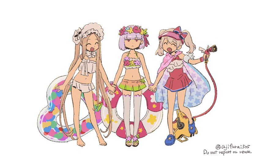 3girls :&lt; :d ^_^ abigail_williams_(fate) abigail_williams_(swimsuit_foreigner)_(fate) abigail_williams_(swimsuit_foreigner)_(third_ascension)_(fate) asaya_minoru bare_arms bare_legs bare_shoulders barefoot bikini black_footwear blue_footwear blunt_bangs blush bonnet brown_hair casual_one-piece_swimsuit closed_eyes closed_mouth english_text fate/grand_order fate_(series) forehead holding_hands hose hose_nozzle illyasviel_von_einzbern illyasviel_von_einzbern_(swimsuit_archer) illyasviel_von_einzbern_(swimsuit_archer)_(second_ascension) innertube kama_(fate) kama_(swimsuit_avenger)_(fate) kama_(swimsuit_avenger)_(first_ascension)_(fate) long_hair magical_ruby magical_ruby_(hose) multiple_girls navel one-piece_swimsuit open_mouth parted_bangs purple_eyes purple_hair red_one-piece_swimsuit short_hair simple_background smile standing standing_on_one_leg star_(symbol) swim_ring swimsuit thighhighs twintails twitter_username very_long_hair white_background white_bikini white_headwear white_legwear