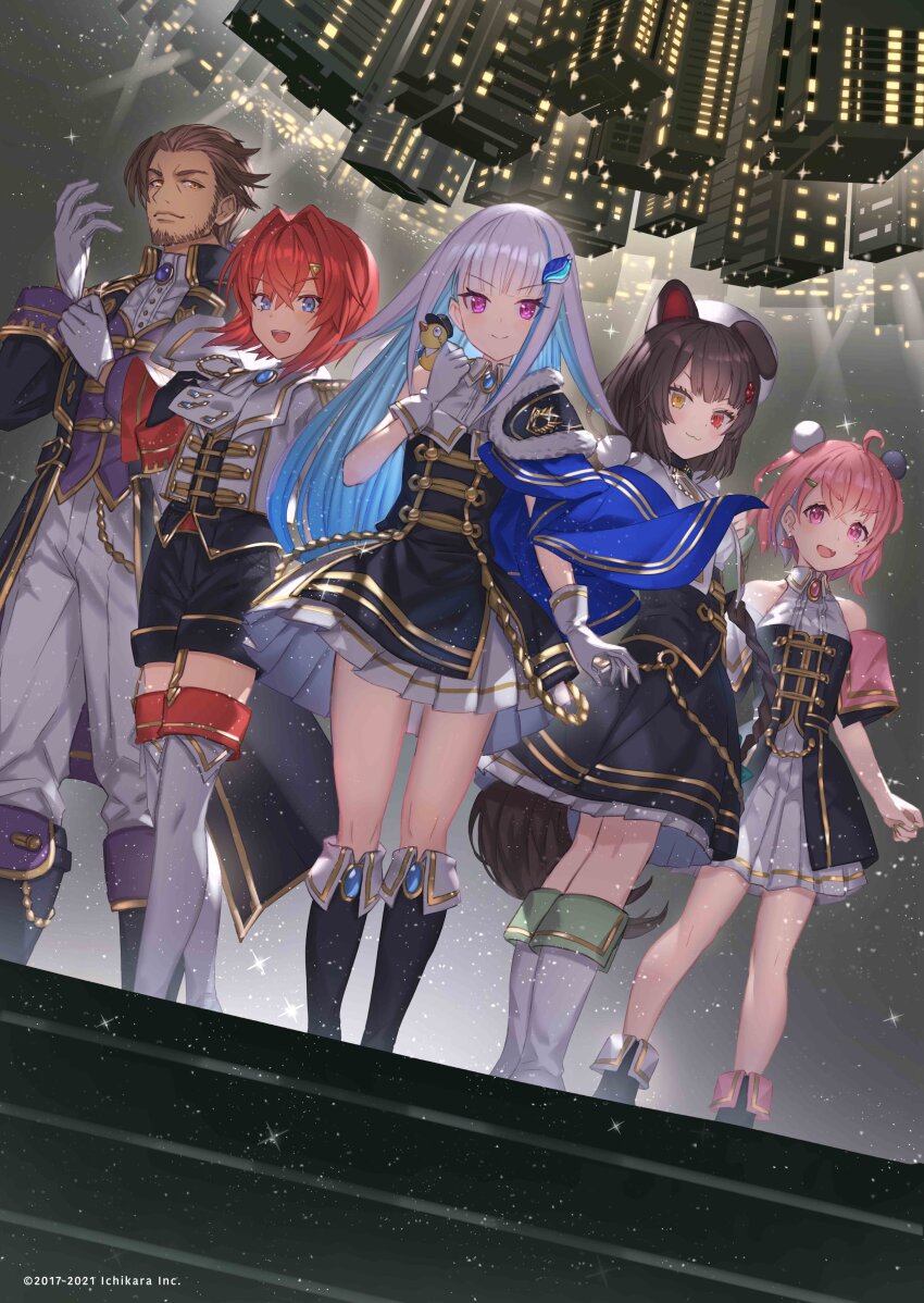 1boy 4girls :3 :d absurdres adjusting_sleeves ahoge aiguillette ange_katrina animal animal_earrings animal_ears animal_on_shoulder ankle_boots asymmetrical_footwear asymmetrical_sleeves bare_shoulders beard belmond_banderas beret bird bird_on_shoulder black_coat black_dress black_hat black_shorts black_skirt black_vest blue_cape blue_eyes blue_gemstone blue_hair boots breasts brown_facial_hair brown_hair brown_tail cape capelet chinstrap_beard city closed_mouth coat collared_shirt colored_inner_hair commentary_request copyright_notice crossed_bangs dark_skin darumakuni dog_ears dog_girl dog_tail dress dutch_angle earrings epaulettes facial_hair fang flower fold-over_boots frilled_skirt frills fur_trim gem glint gloves gold_trim green_gemstone green_nails hair_between_eyes hair_flower hair_intakes hair_ornament hair_slicked_back hairpin halter_shirt halterneck hand_up hat heterochromia highres idol_clothes inui_toko jacket jewelry legwear_garter light_blush light_particles lize_helesta long_hair long_sidelocks long_sleeves looking_at_viewer low-braided_long_hair low-tied_long_hair low_ponytail medium_breasts medium_skirt miniskirt mole mole_under_eye monocle multicolored_hair multiple_girls nail_polish nijisanji off-shoulder_coat off_shoulder official_alternate_costume official_art open_clothes open_coat open_mouth orange_eyes pants pink_eyes pink_gemstone pink_hair pleated_skirt pom_pom_(clothes) pom_pom_hair_ornament ponytail purple_eyes purple_gemstone purple_vest red_eyes red_hair sanbaka_(nijisanji) sasaki_saku sebastian_piyodore second-party_source shirt short_hair short_sleeves shorts shoulder_pads side_cape sidelocks single_ear_down skin_fang skirt sleeve_cuffs sleeveless sleeveless_shirt small_breasts smile standing strapless strapless_dress streaked_hair tail tail_under_clothes thigh_boots triangle_hair_ornament two-tone_hair upside-down_building v-shaped_eyebrows very_long_hair vest virtual_youtuber white_boots white_capelet white_gloves white_hair white_hat white_jacket white_pants white_shirt white_skirt yellow_bird yellow_eyes