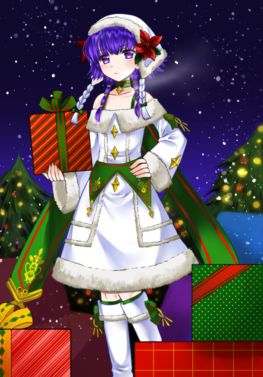 1girl bare_shoulders blush bo_(774berry) boots box braid collarbone dress fire_emblem fire_emblem:_the_sacred_stones fire_emblem_heroes flower fur_trim gift gift_box green_legwear hand_on_own_hip hat highres holding holding_box holding_gift knee_boots long_sleeves looking_at_viewer lute_(fire_emblem) lute_(winter)_(fire_emblem) night night_sky nintendo official_alternate_costume purple_eyes purple_hair short_hair sky solo star_(sky) starry_sky twin_braids twintails white_boots white_dress