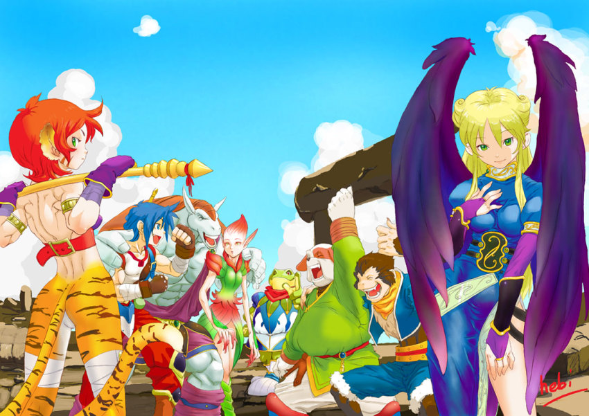 1boy 3girls angel_wings animal_ears bad_id bad_pixiv_id black_wings bow_(breath_of_fire) breath_of_fire breath_of_fire_ii capcom cat_ears cat_tail ekaru_hoppe_de_pe_tapeta everyone hebina_masayoshi long_hair multiple_girls muscular nina_(breath_of_fire_ii) rand_marks rinpoo_chuan ryu_(breath_of_fire_ii) side_slit spar sten_legacy tail wings