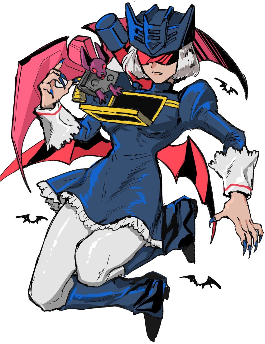 1girl absurdres animal animal_on_shoulder assault_visor bat_(animal) bat_wings blue_boots blue_dress blue_helmet blue_nails boots claws commentary_request cyborg decepticon dress fake_horns fang fang_out fingernails frilled_dress frills full_body genderswap genderswap_(mtf) hand_up helmet highres horned_helmet horns humanization juliet_sleeves knee_boots legs_up long_sleeves low_wings nail_polish non-humanoid_robot pantyhose puffy_sleeves ratbat_(transformers) red_visor red_wings robot robot_animal sharp_fingernails short_dress short_hair sleeve_cuffs solo soundwave_(transformers) sunglasses tatamintatamin transformers very_long_fingernails white_hair white_pantyhose wings