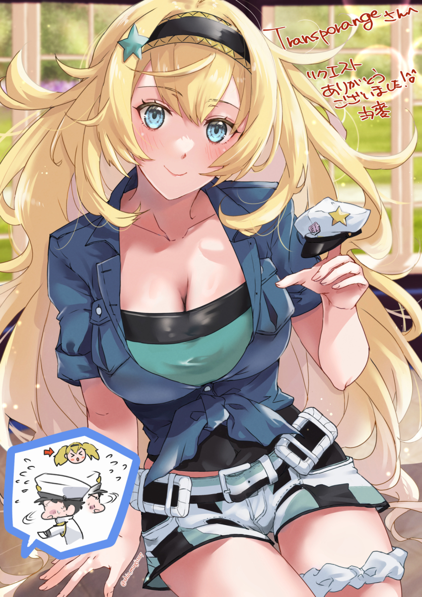 1boy 1girl admiral_(kancolle) alternate_hairstyle black_hairband blue_shirt breast_pocket breasts cleavage collarbone commentary_request commission gambier_bay_(kancolle) gambier_bay_(summer)_(kancolle) green_shirt hair_down hairband highres kantai_collection large_breasts multicolored_shorts official_alternate_costume pocket shiomugi_(shio_mugi1107) shirt shorts skeb_commission tied_shirt white_shorts