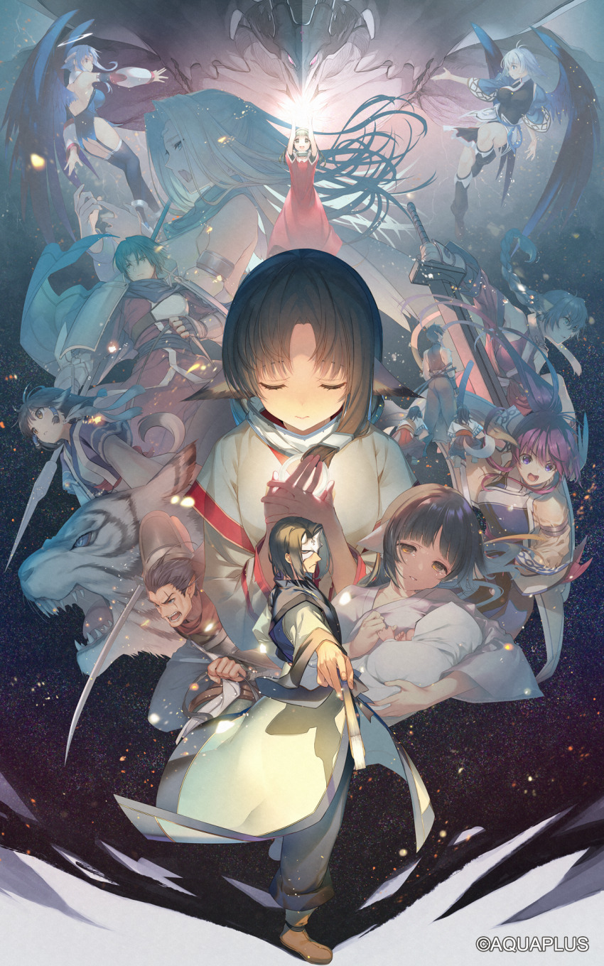 6+boys 6+girls ainu_clothes animal_ears aruruu baby back benawi black_hair black_wings blue_eyes blue_hair boots breasts brown_eyes camyu collar demon detached_sleeves dii_(utawarerumono) dog_ears dorry_(utawarerumono) eruruu everyone guraa hakuowlo hand_fan head_wings highres holding holding_polearm holding_sword holding_weapon huge_weapon japanese_clothes karulau katana kuon_(utawarerumono) kurou_(utawarerumono) layered_sleeves long_hair looking_at_viewer mask medium_breasts metal_collar mikoto_(utawarerumono) miniskirt mukkuru multiple_boys multiple_girls mutsumi_(utawarerumono) oboro_(utawarerumono) official_art polearm ponytail purple_hair sash siblings skirt small_breasts swaddled sword tail tatami_to_hinoki thighhighs tiger touka_(utawarerumono) twins ulthury utawarerumono utawarerumono:_lost_flag war_fan weapon wings yuzuha_(utawarerumono)