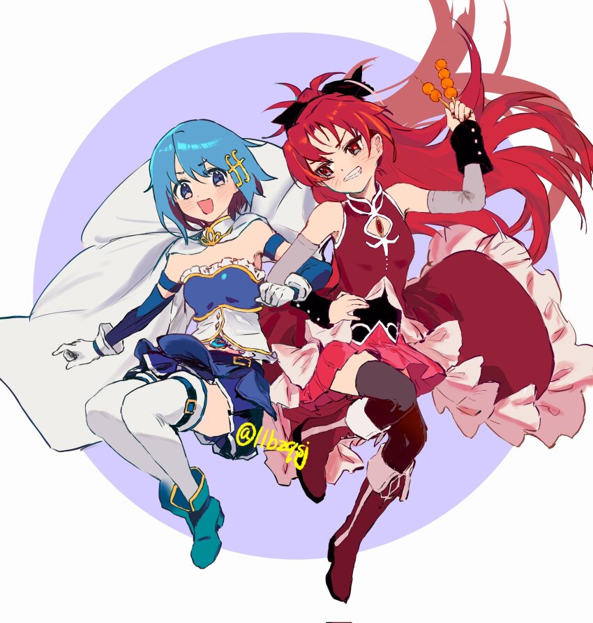 2girls artist_name bare_shoulders belt black_thighhighs blue_boots blue_eyes blue_hair blue_skirt boots cape detached_sleeves dress food fortissimo frilled_dress frills full_body gloves hair_ornament high-low_dress highres holding holding_food knee_boots llbzqsj looking_at_viewer mahou_shoujo_madoka_magica mahou_shoujo_madoka_magica_(anime) miki_sayaka miki_sayaka_(magical_girl) multiple_girls musical_note musical_note_hair_ornament pink_skirt ponytail red_boots red_eyes red_hair sakura_kyoko sakura_kyoko_(magical_girl) short_hair skirt sleeveless sleeveless_dress smile soul_gem thigh_belt thigh_strap thighhighs white_cape white_gloves white_thighhighs