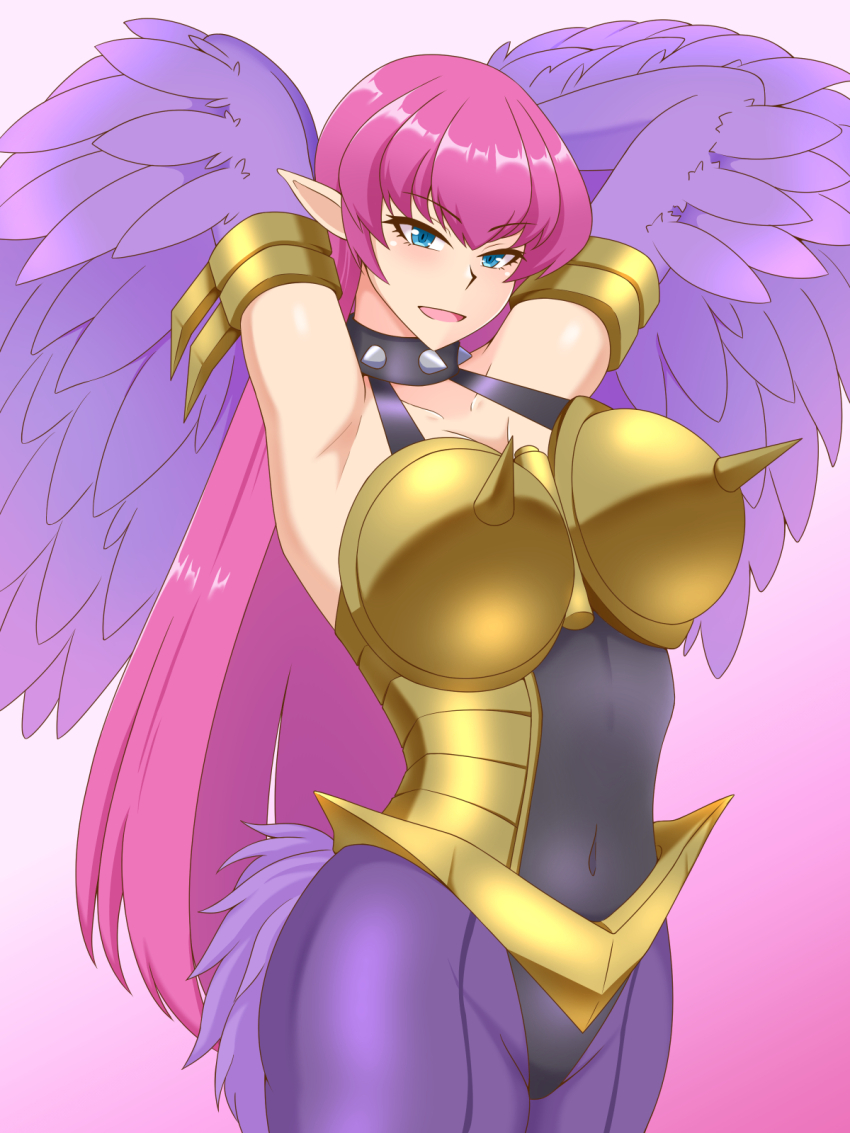 1girl armor arms_behind_head bare_shoulders bird_tail breasts choker cleavage commentary_request covered_navel duel_monster feathered_wings feathers harpie_lady harpy highres lactone large_breasts long_hair monster_girl open_mouth pointy_ears purple_tail purple_wings solo spiked_armor spiked_choker spikes tail very_long_hair winged_arms wings yu-gi-oh!