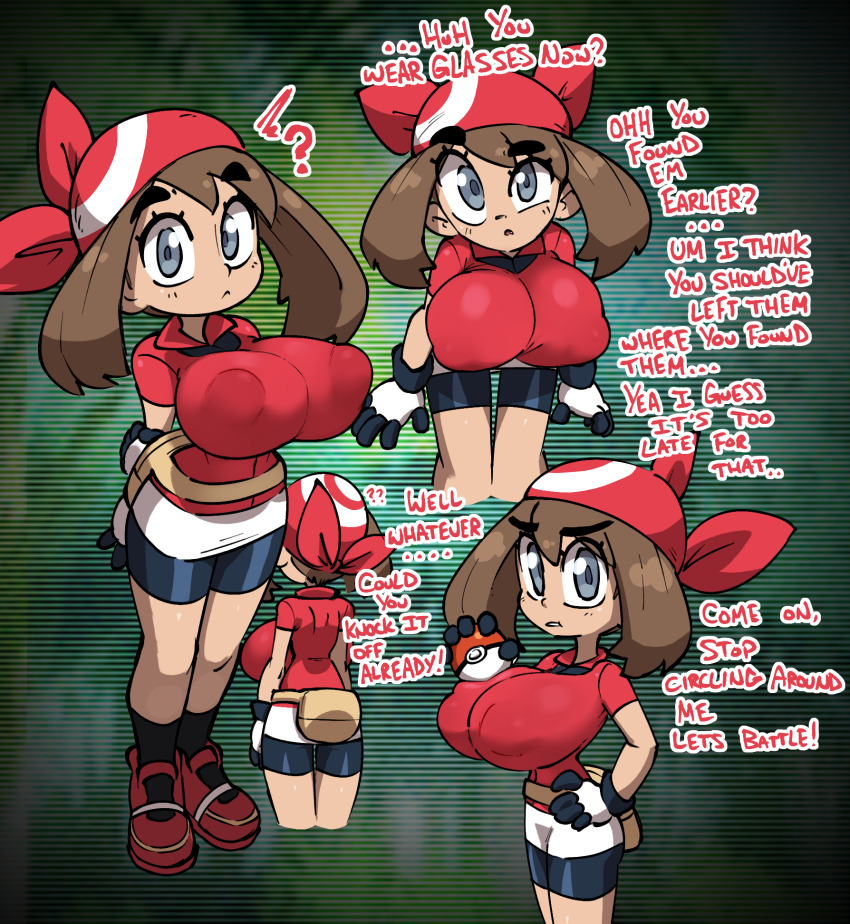bandana blue_eyes breasts brown_hair covered_erect_nipples english_text highres huge_breasts jellot large_breasts may_(pokemon) nintendo pokemon pokemon_rse red_bandana wide_hips