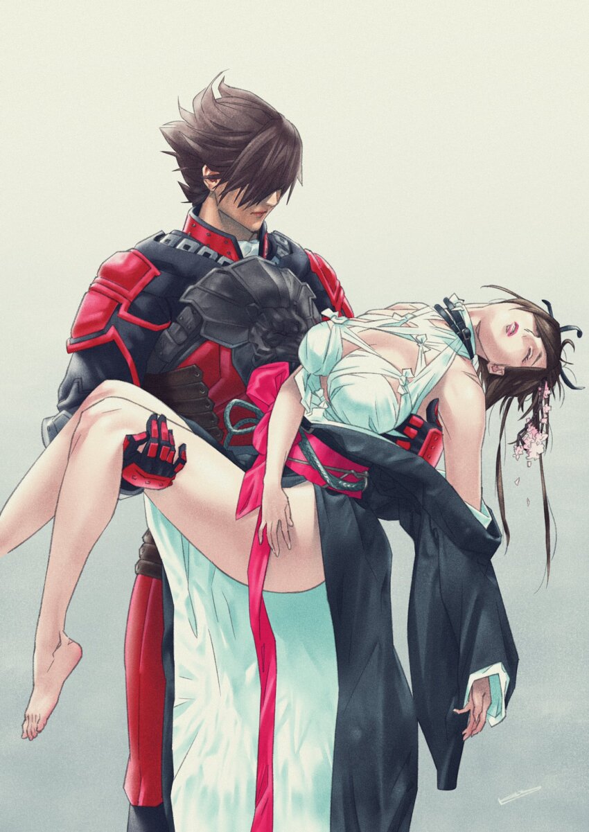 1boy 1girl armor barefoot black_hair black_kimono breasts brown_hair closed_mouth commission gloves highres ikeda_kazuhiro japanese_clothes kazama_asuka kimono large_breasts lars_alexandersson lips short_hair simple_background skeb_commission tekken white_background