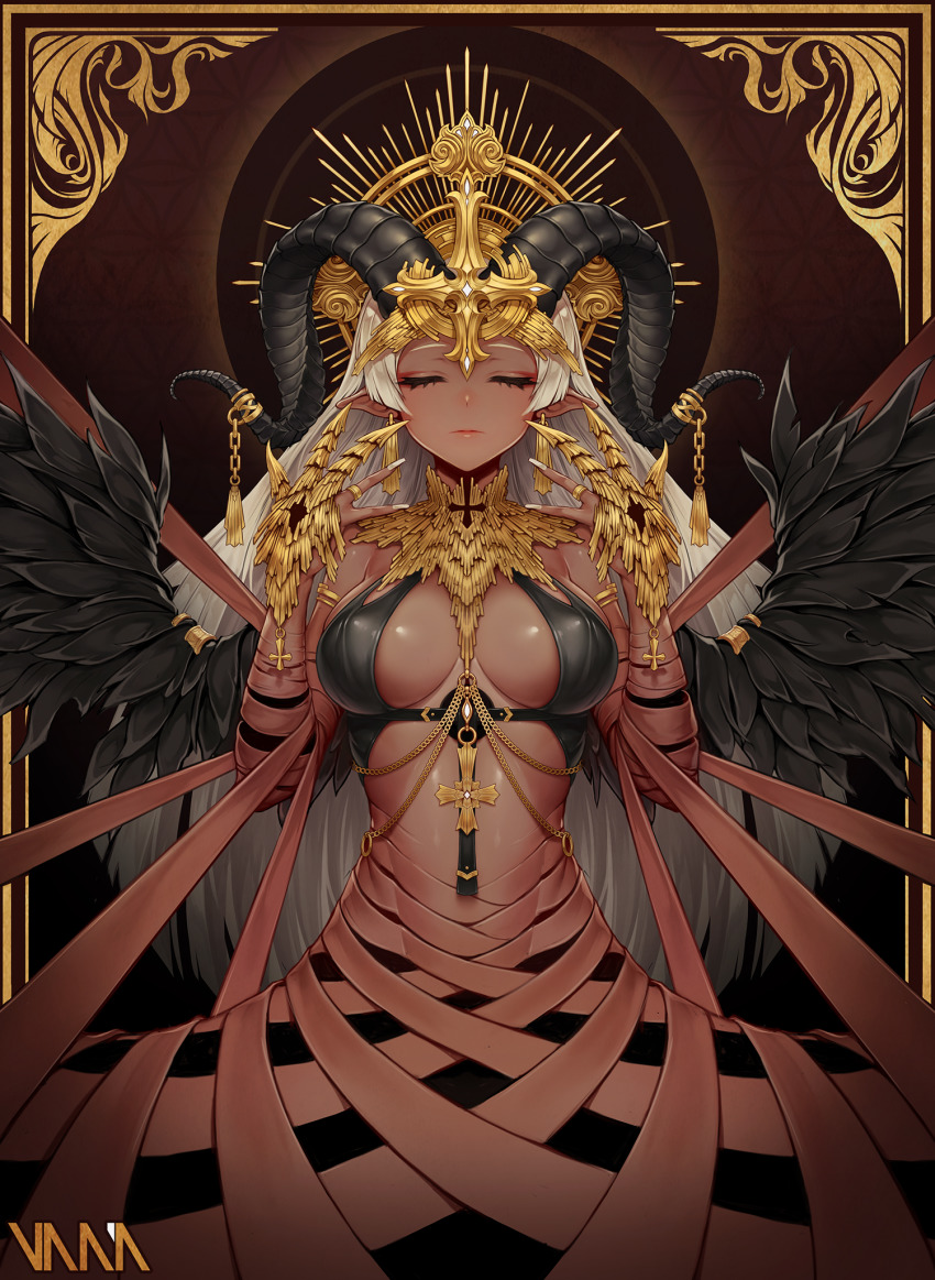 1girl armlet bare_shoulders bikini bikini_top_only black_bikini black_wings breasts chain cleavage closed_eyes closed_mouth cross dark-skinned_female dark_skin demon_girl demon_wings earrings facing_viewer feathered_wings female_focus fingernails gold_chain halo halo_behind_head hands_up headpiece highres horn_ornament horns jewelry large_breasts long_fingernails long_hair nail_polish original pointy_ears ring signature silver_hair solo straight_hair swimsuit tassel vana very_long_hair white_nails wings