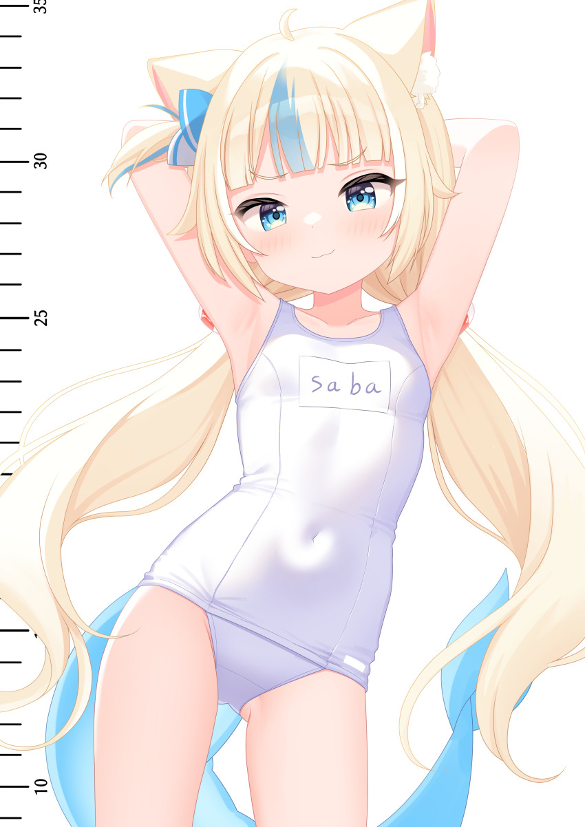 1girl absurdres adda animal_ears arms_up blonde_hair blue_eyes blue_streaks breasts cat_ears commentary covered_navel fins fish_tail highres indie_virtual_youtuber loli one-piece_swimsuit sameko_saba small_breasts solo swimsuit tail twintails virtual_youtuber white_one-piece_swimsuit