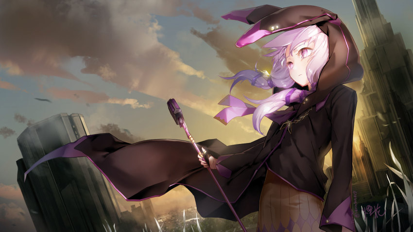 1girl animal_ears animal_hood black_gloves black_jacket building rabbit_ears rabbit_hood cityscape cloud cloudy_sky cowboy_shot dutch_angle enka_(aknne) expressionless fingerless_gloves gloves grass half_gloves highres holding holding_microphone_stand hood hood_up hooded_jacket jacket looking_away microphone microphone_stand nail_polish purple_eyes purple_hair purple_nails purple_neckwear sidelocks sky skyscraper solo sunset vocaloid wind yuzuki_yukari yuzuki_yukari_(lin) yuzuki_yukari_(vocaloid4)