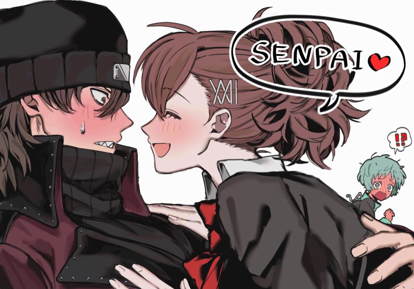 !? 1boy 2girls aragaki_shinjirou beanie black_hat black_jacket black_sweater blue_hair blush bow bowtie brown_eyes brown_hair closed_eyes coat full-face_blush gekkoukan_high_school_uniform hair_between_eyes hair_ornament hairclip hat heart hetero highres jacket multiple_girls open_mouth or_i_i persona persona_3 persona_3_portable red_bow red_bowtie red_coat romaji_text school_uniform sharp_teeth shiomi_kotone short_hair simple_background sweat sweater teeth turtleneck turtleneck_sweater upper_body white_background yamagishi_fuuka