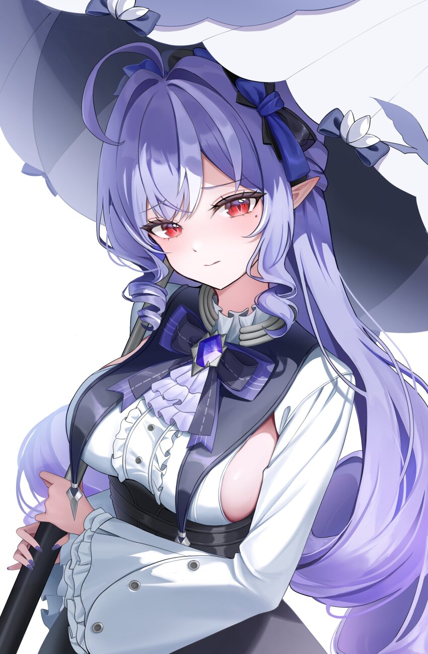 1girl absurdres ascot black_skirt blush bow bowtie breasts center_frills closed_mouth commentary drill_hair drill_sidelocks frills gem highres hini_ni holding holding_umbrella long_hair looking_at_viewer medium_breasts mole mole_under_eye multicolored_hair parasol pointy_ears purple_ascot purple_bow purple_bowtie purple_gemstone purple_hair purple_nails red_eyes shrug_(clothing) sidelocks simple_background skirt solo streaked_hair symbol-only_commentary umbrella upper_body vivian_(zenless_zone_zero) white_background white_shrug zenless_zone_zero