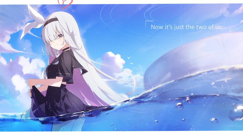 1girl absurdres black_choker black_dress black_eyes black_hairband black_sailor_collar black_serafuku blue_archive blue_sky blush braid breasts choker closed_mouth cloud clover_dot_(clov_erd) commentary day dress grey_hair hair_over_one_eye hairband halo highres long_hair looking_at_viewer navel neckerchief ocean outdoors partially_underwater_shot plana_(blue_archive) red_halo sailor_collar school_uniform serafuku sky solo very_long_hair wading white_hair white_neckerchief
