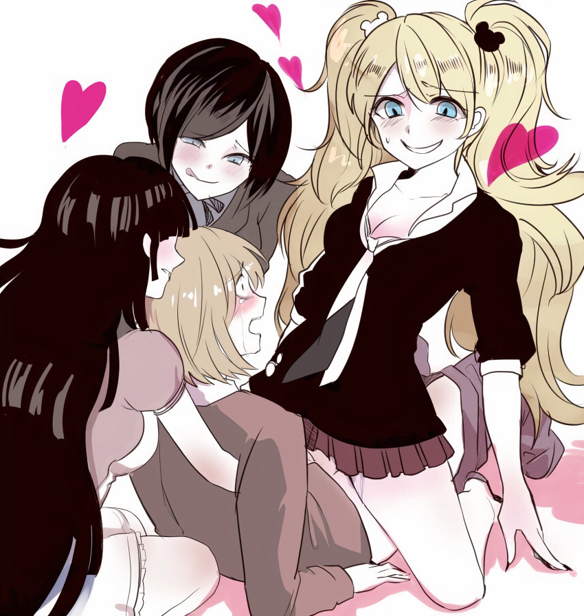 1boy 3girls apron assisted_rape bear_hair_ornament bisexual_female black_hair black_jacket black_nails black_necktie black_shirt blonde_hair blue_eyes blush breast_blush breasts brown_hair brown_jacket cleavage clothed_sex collarbone cowgirl_position crying danganronpa:_trigger_happy_havoc danganronpa_(series) danganronpa_2:_goodbye_despair danganronpa_3_(anime) dress enoshima_junko eyebrows fake_nails female_collaborator femdom fingernails flashing full_body gang_rape grey_eyes group_picture hair_ornament heart highres holding ikusaba_mukuro jacket kneeling large_breasts looking_at_another medium_hair mitarai_ryota multiple_girls nail_polish necktie open_mouth pants pink_dress pink_heart public_indecency pussy_juice raised_eyebrows rape red_skirt sex shirt short_sleeves siblings simple_background sisters skirt smile squatting straddling sweat sweatdrop tears teeth tongue tongue_out tsumiki_mikan twins unworn_pants vaginal voyeurism watching white_apron white_background white_necktie