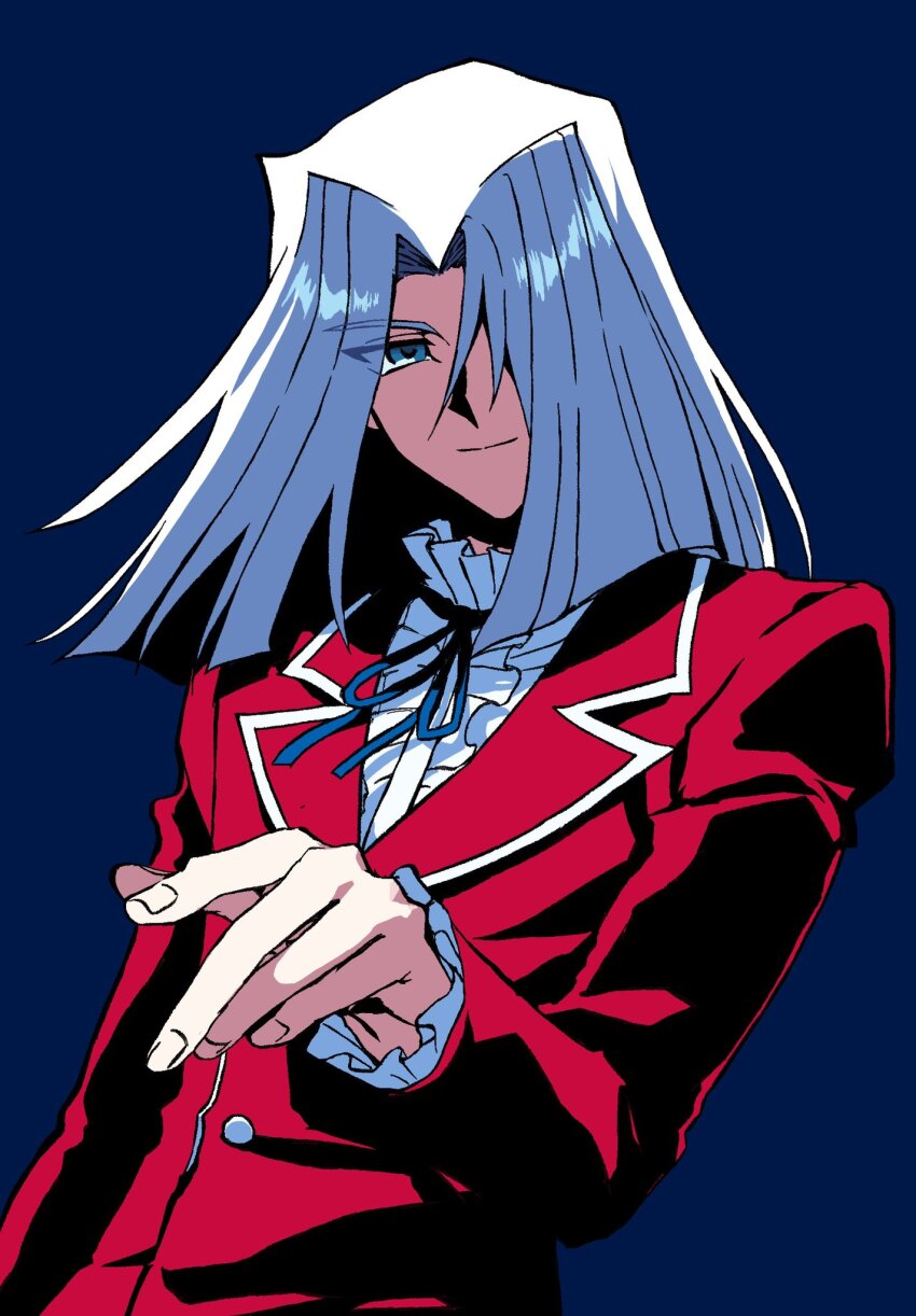 1boy blue_background blue_eyes cowboy_shot flowercrabcake hair_over_one_eye highres jacket looking_at_viewer male_focus medium_hair pegasus_j_crawford red_jacket shirt simple_background smile solo white_hair white_shirt yu-gi-oh! yu-gi-oh!_duel_monsters