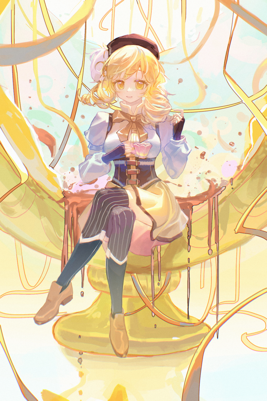 1girl absurdres black_boots blonde_hair boots drill_hair fingerless_gloves gloves highres looking_at_viewer magical_girl mahou_shoujo_madoka_magica medium_hair multicolored_boots smile solo tomoe_mami tomoe_mami_(magical_girl) twin_drills two-tone_boots wusubamineko yellow_boots yellow_eyes
