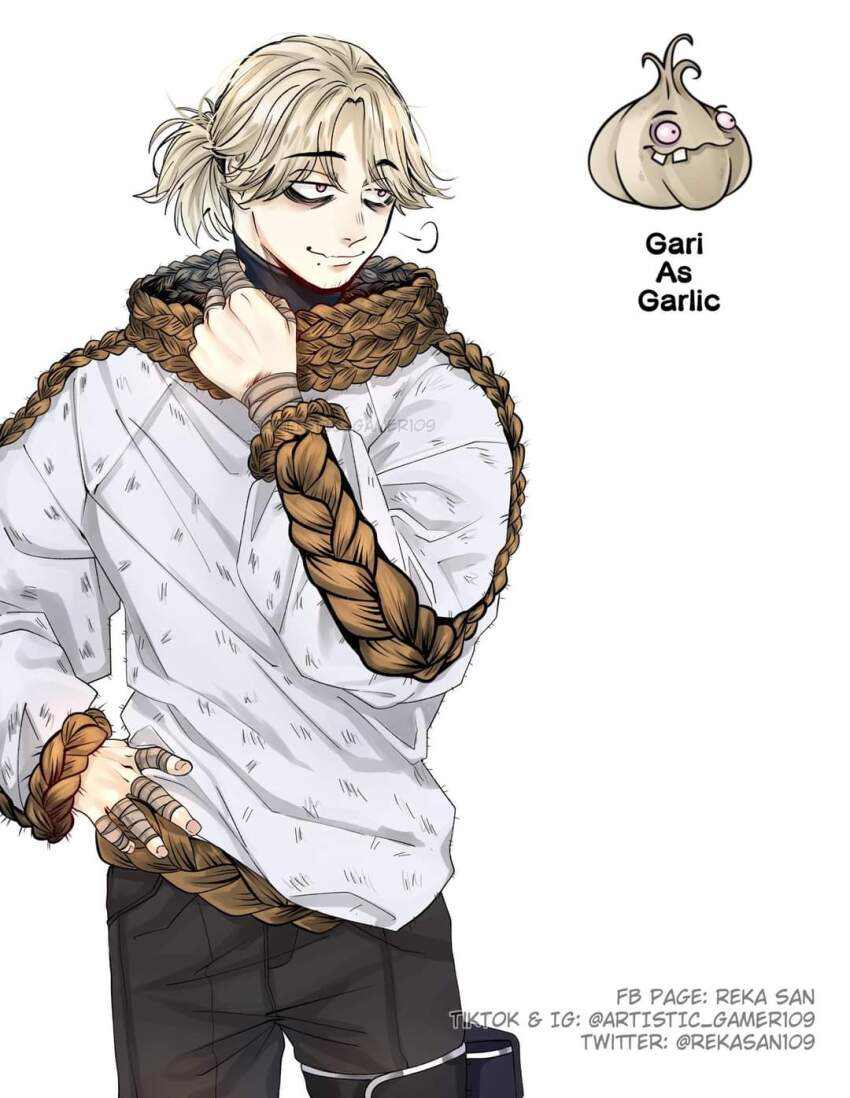 1boy bags_under_eyes bandaged_fingers bandaged_wrist bandages black_pants black_undershirt brown_shirt brown_trim character_name commentary_request cowboy_shot garlic garlic_(plants_vs._zombies) hand_on_own_hip hand_on_own_neck hand_up high_collar highres humanization long_sleeves looking_to_the_side male_focus mole mole_under_mouth multicolored_shirt pants personification pink_eyes plants_vs._zombies ponytail pouch reka-san rope rope_trim shirt short_hair sigh simple_background smile tagme thigh_pouch thigh_strap turtleneck turtleneck_shirt white_background white_hair white_shirt